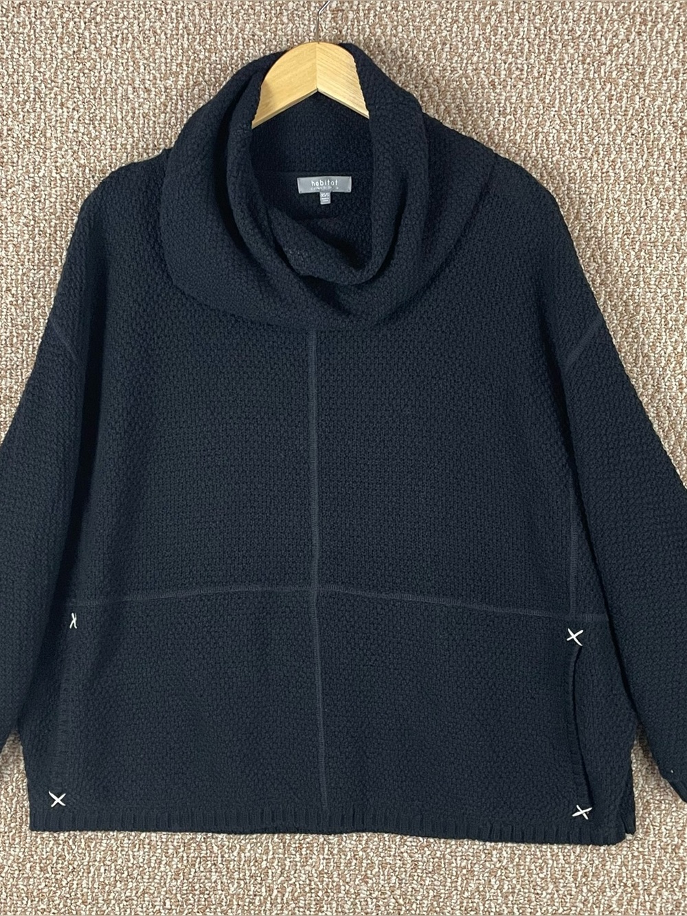 Habitat Poncho Sweater XS/S Drop Shoulder Textured Black Cowl Neck Pockets 97